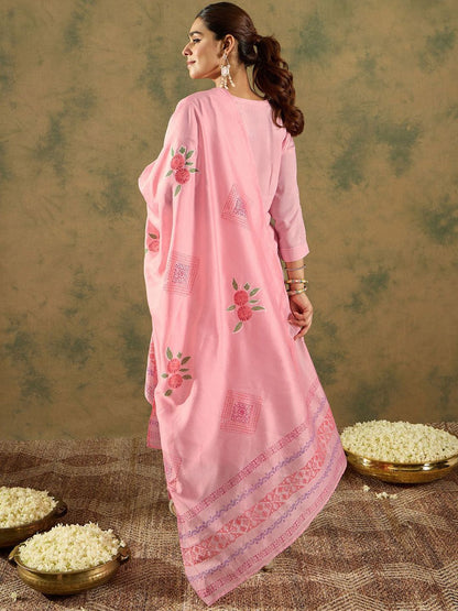 Indyancart IE Floral Embroidered Thread Work Straight Kurta with Trouser & Dupatta