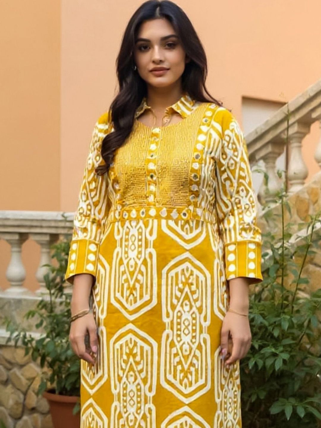 Ethnic Motifs Printed Mirror Work Pure Cotton Straight Kurta With Trousers