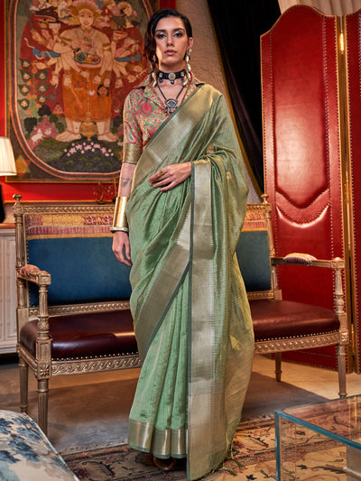 Women's Chiffon Light Green Woven Design Designer Saree With Blouse Piece