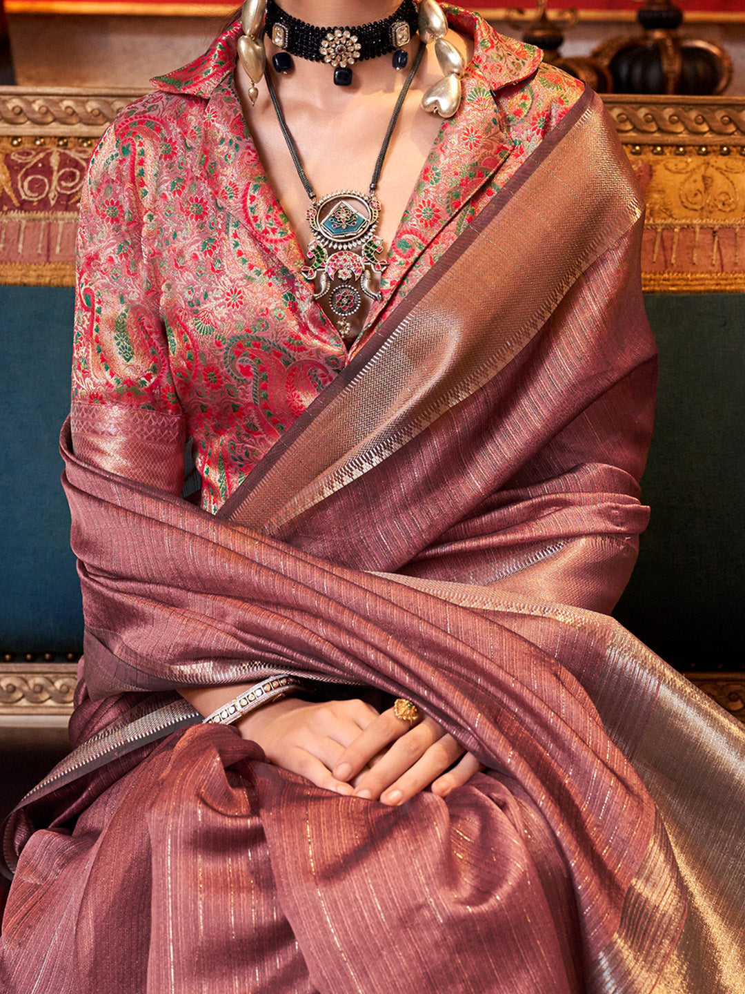 Women's Chiffon Brown Woven Design Designer Saree With Blouse Piece