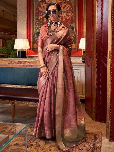 Women's Chiffon Brown Woven Design Designer Saree With Blouse Piece
