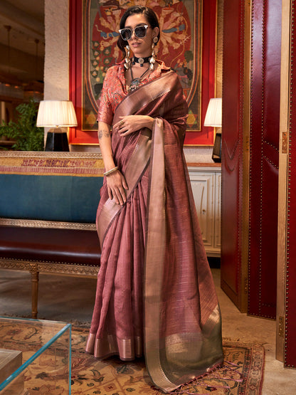 Women's Chiffon Brown Woven Design Designer Saree With Blouse Piece