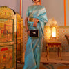 Women's Nylon Turquoise Woven Design Designer Saree With Blouse Piece