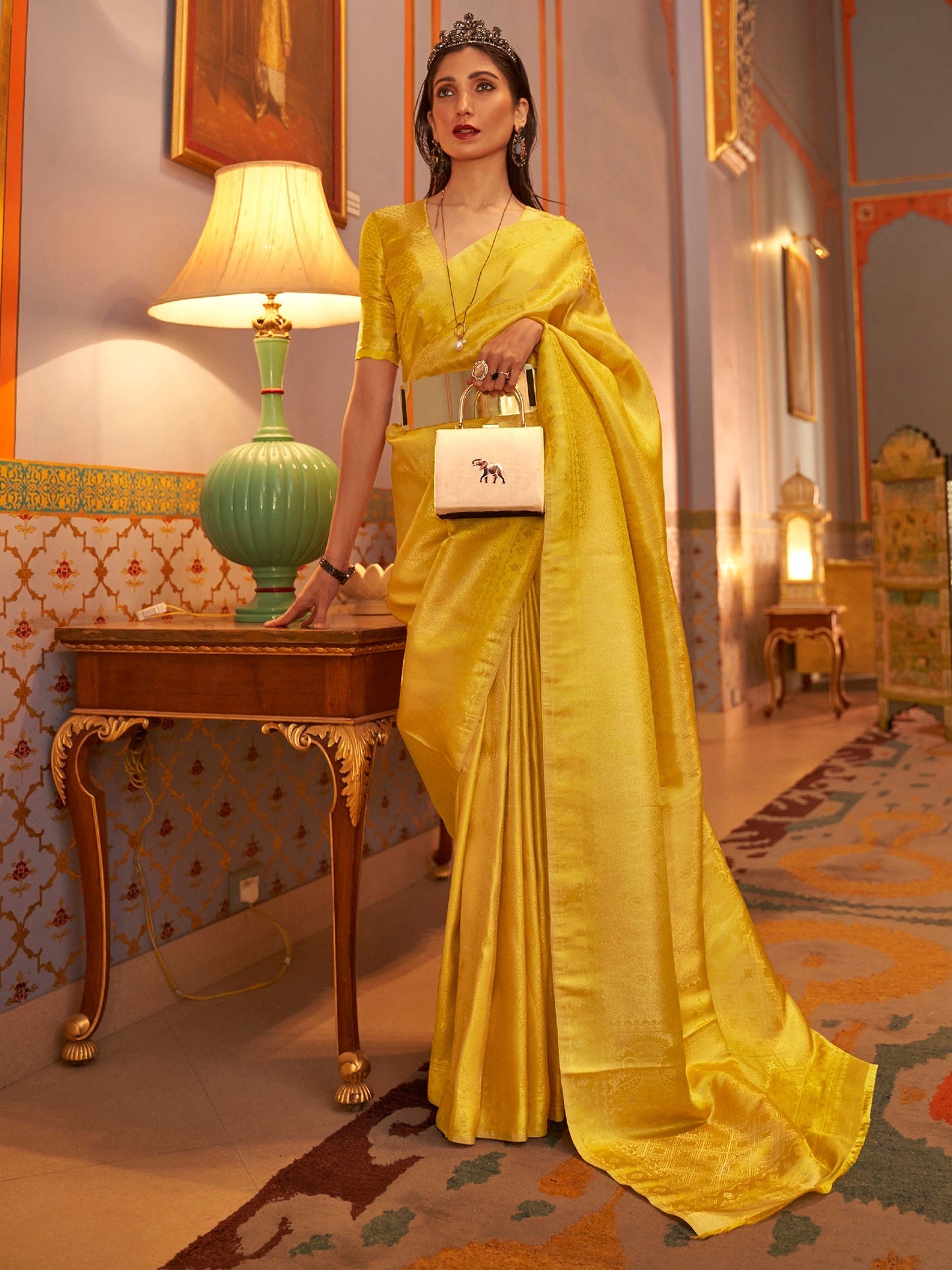Women's Nylon Yellow Woven Design Designer Saree With Blouse Piece