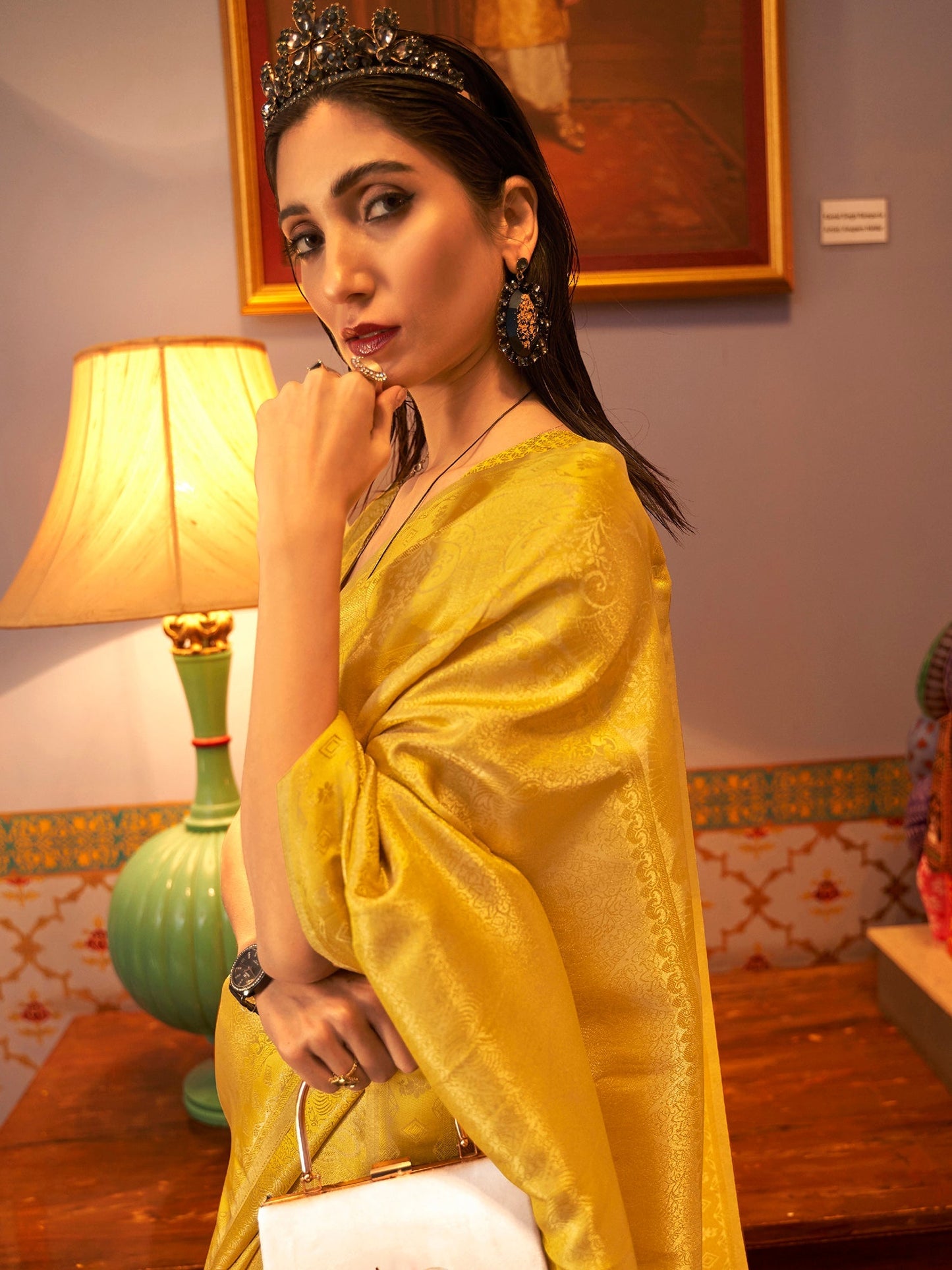 Women's Nylon Yellow Woven Design Designer Saree With Blouse Piece