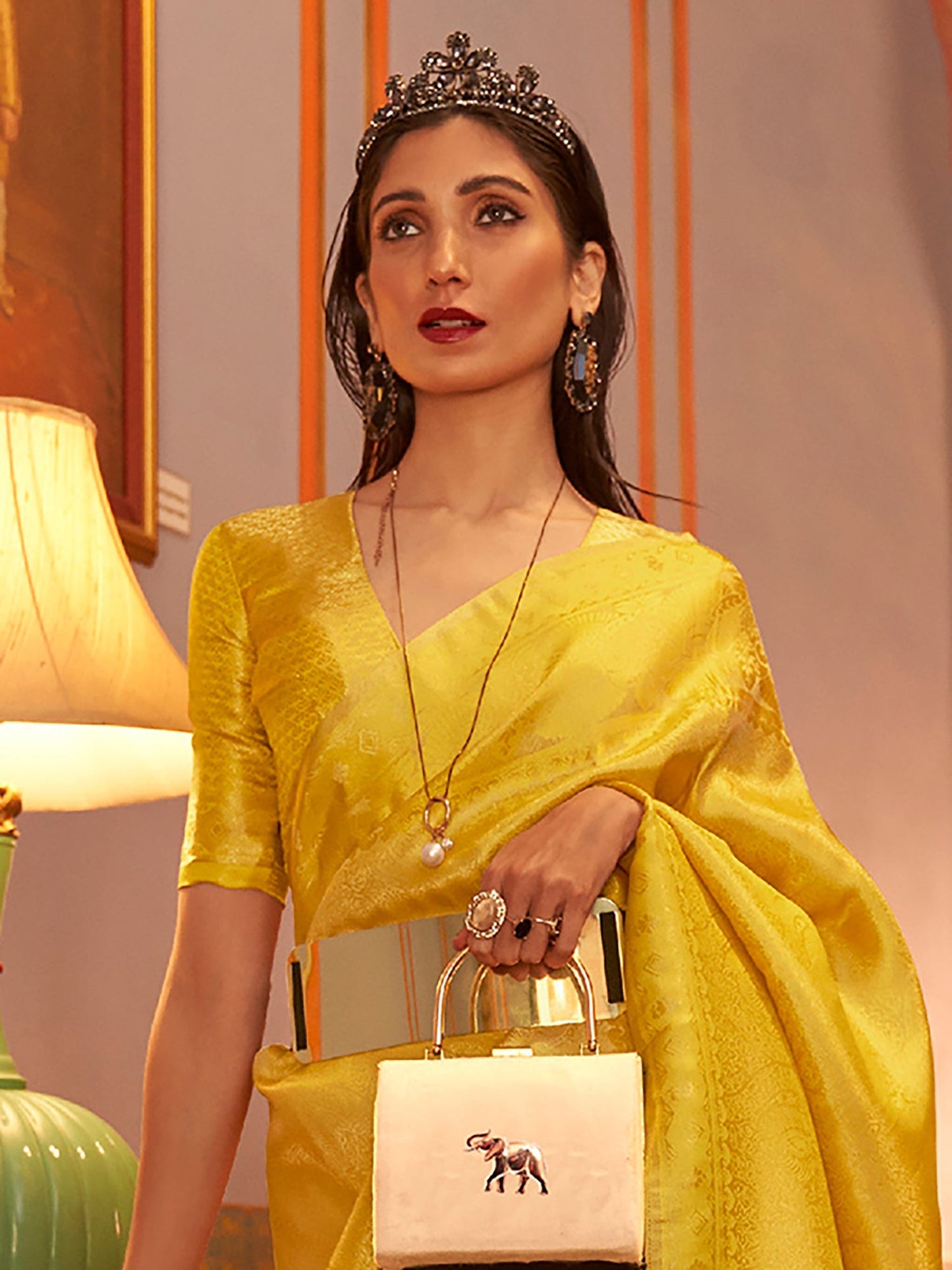 Women's Nylon Yellow Woven Design Designer Saree With Blouse Piece