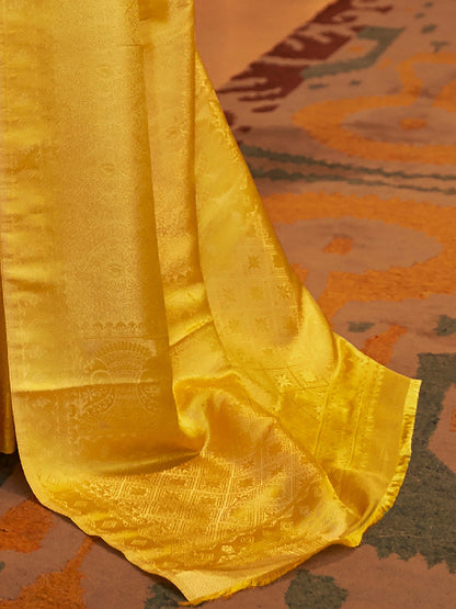 Women's Nylon Yellow Woven Design Designer Saree With Blouse Piece
