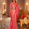 Women's Nylon Pink Woven Design Designer Saree With Blouse Piece