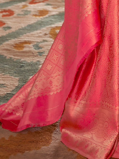 Women's Nylon Pink Woven Design Designer Saree With Blouse Piece