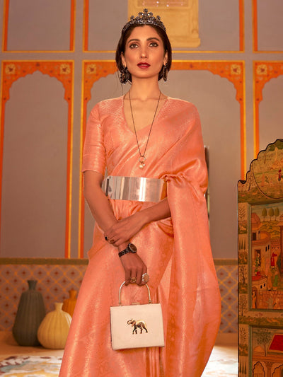 Women's Nylon Peach Woven Design Designer Saree With Blouse Piece
