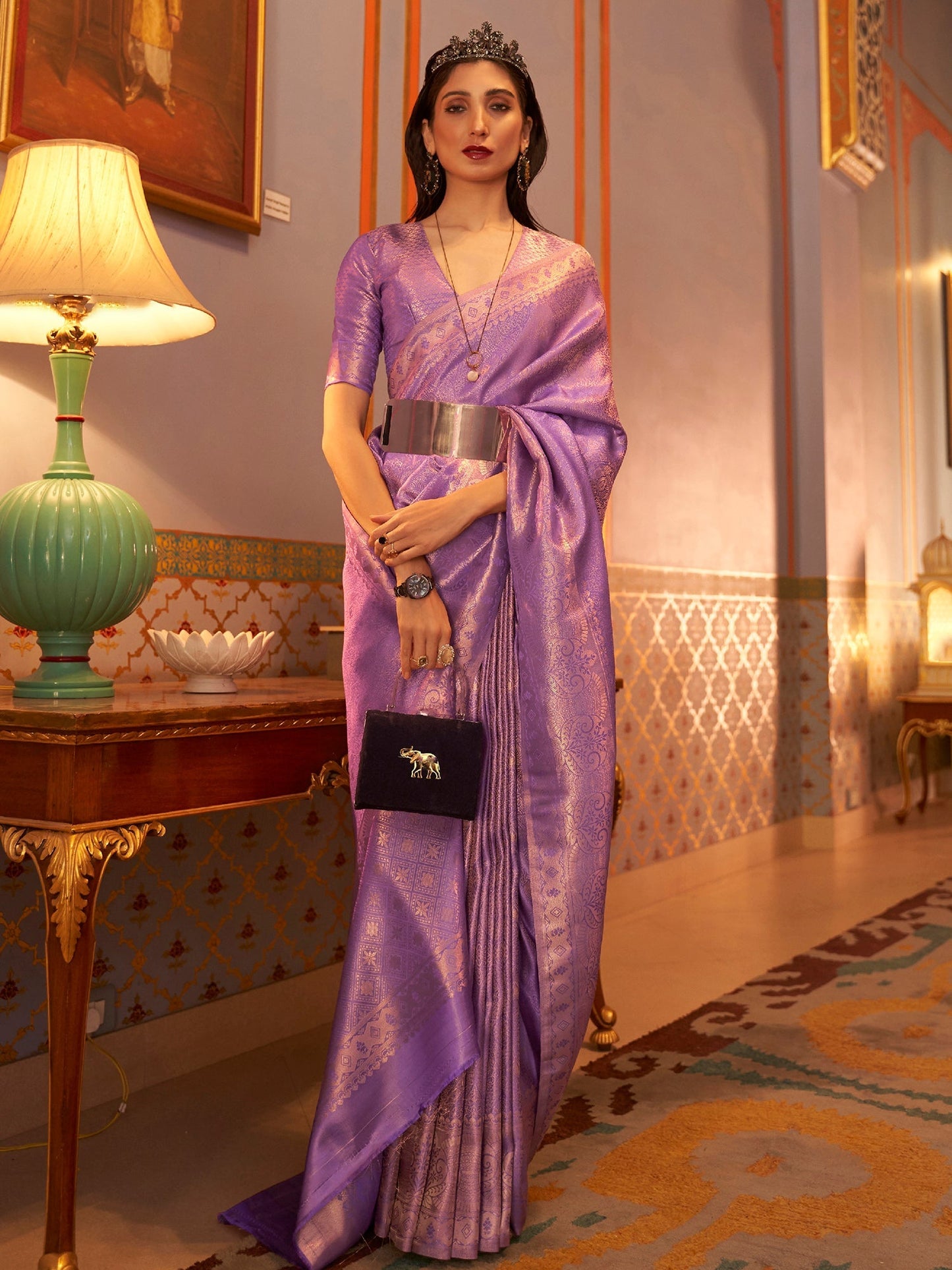 Women's Nylon Lavendar Woven Design Designer Saree With Blouse Piece