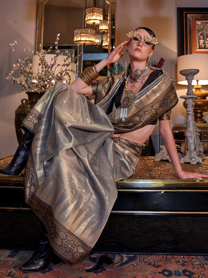 Women's Tissue Black Woven Design Designer Saree With Blouse Piece