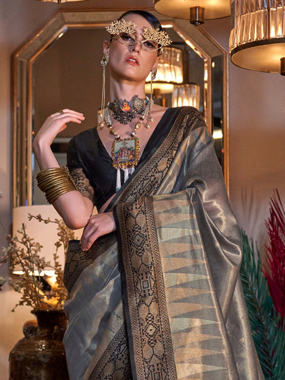 Women's Tissue Black Woven Design Designer Saree With Blouse Piece