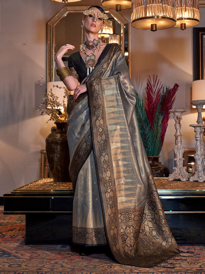 Women's Tissue Black Woven Design Designer Saree With Blouse Piece