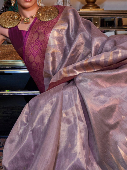 Women's Tissue Pink Woven Design Designer Saree With Blouse Piece