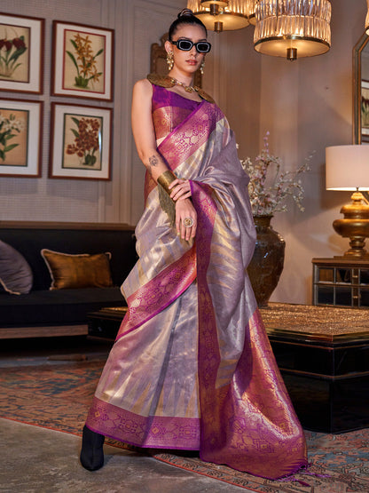 Women's Tissue Pink Woven Design Designer Saree With Blouse Piece
