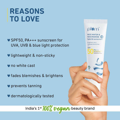 Plum Bright & Clear Skin sunscreen in a tube, part of the skincare combo with niacinamide and salicylic acid for clear skin.