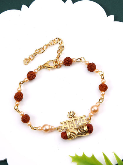 Anouk Brown Rudraksh & Pearl Beaded Bracelet Rakhi With Roli Chawal With Greeting Card