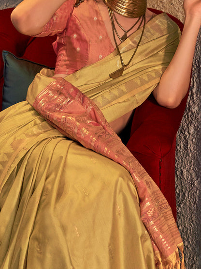 Women's Tussar Silk Pink Woven Design Designer Saree With Blouse Piece