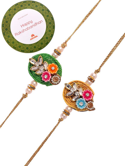 Anouk Set Of 2 Green Beaded Rakhi With Roli Rice & Greeting Card
