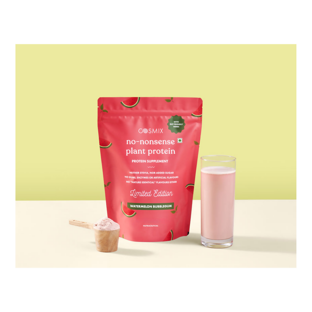 Cosmix No Nonsense Plant Protein Watermelon Bubblegum health drink in a clear bottle with pink liquid and watermelon bubblegum flavor label.