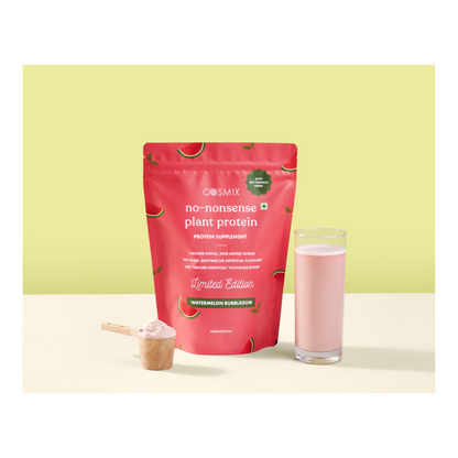 Cosmix No Nonsense Plant Protein Watermelon Bubblegum health drink in a clear bottle with pink liquid and watermelon bubblegum flavor label.