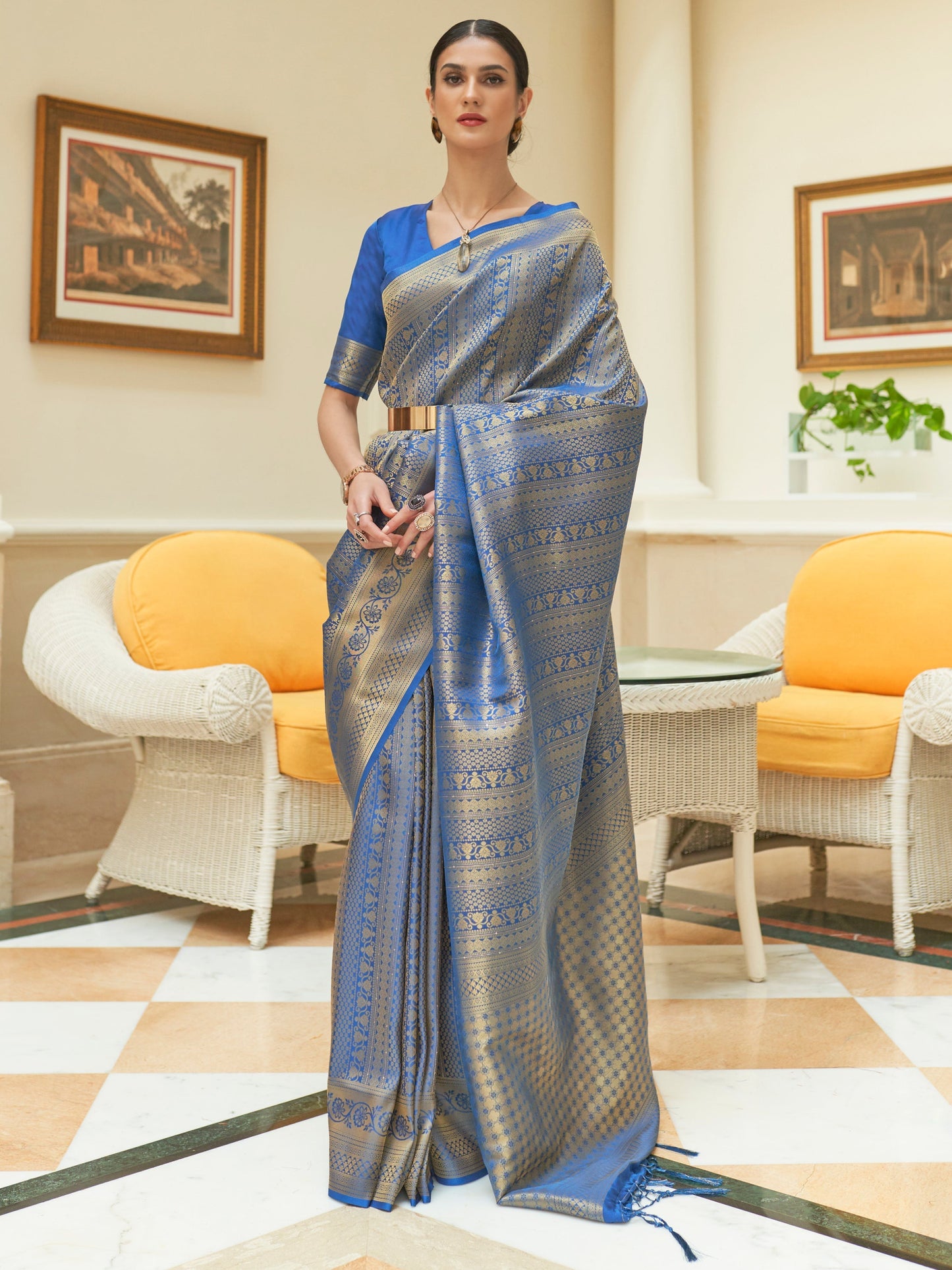Women's Silk Blend Blue Embroidered Woven saree With Blouse Piece