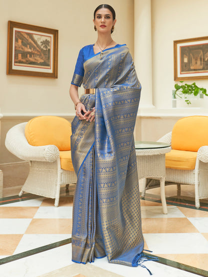 Women's Silk Blend Blue Embroidered Woven saree With Blouse Piece