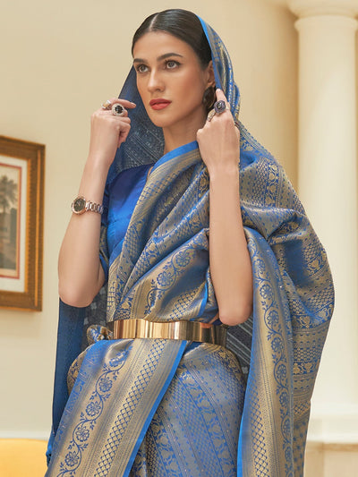 Women's Silk Blend Blue Embroidered Woven saree With Blouse Piece