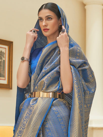 Women's Silk Blend Blue Embroidered Woven saree With Blouse Piece