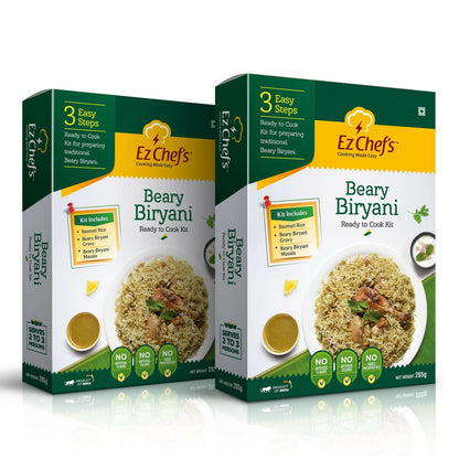 Ez Chef's Beary Biryani Kit Biryani Masala with spices and ingredients for Mangalore-style biryani, shown in a colorful package.