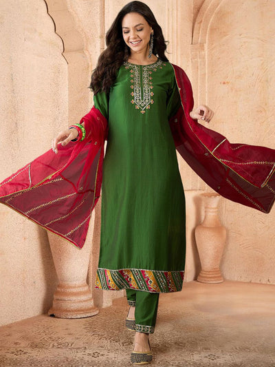 Indyancart SN Women's Floral Embroidered Zari & Sequinned Work Straight Kurta With Trouser & Duputta