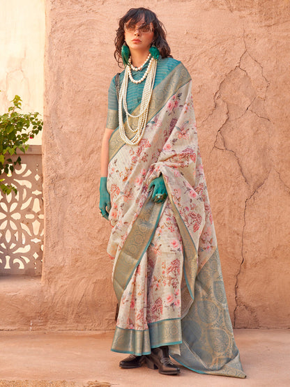 Women's Georgette Light Blue Woven Design Designer Saree With Blouse Piece