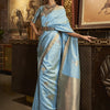 Women's Silk Blend Turquoise Woven Design Handloom Saree With Blouse Piece