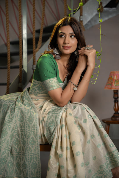 Indyancart GR Women's Kusum Caledon Green Soft Cotton Jamdani Saree