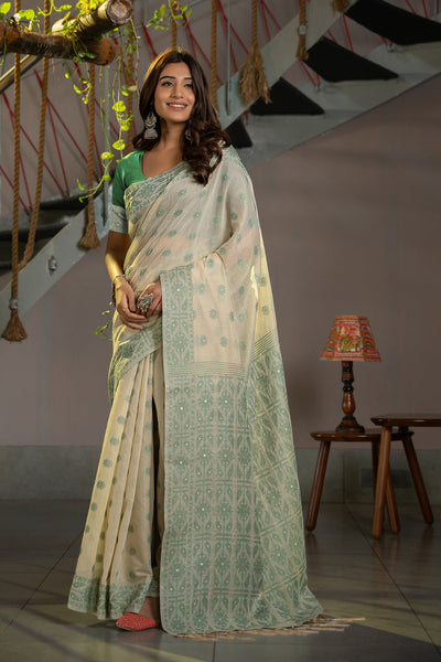 Indyancart GR Women's Kusum Caledon Green Soft Cotton Jamdani Saree
