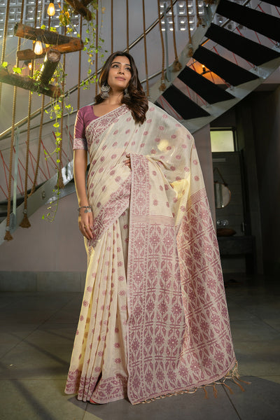 Indyancart GR Women's Kusum Opera Mauve Soft Cotton Jamdani Saree