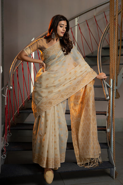 Indyancart GR Women's Kusum Groundnut Mustard Yellow Soft Cotton Jamdani Saree