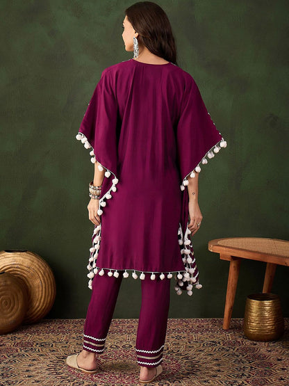 Indyancart SN Women's Purple Geometric Embroidered Mirror Work Roman Silk Kurta With Trouser