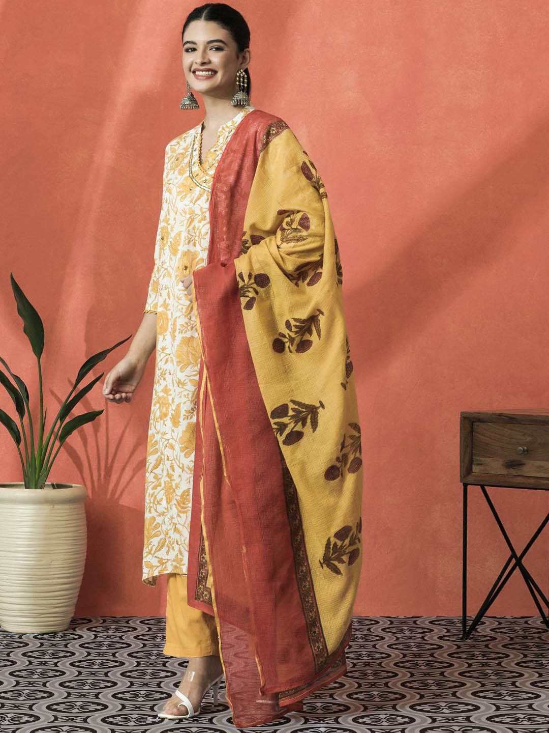 Indyancart SN Women's Floral Printed Mandarin Collar Pure Cotton A-Line Kurta With Trouser & Dupatta