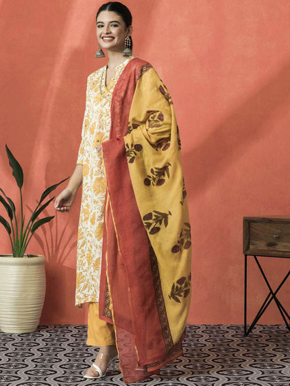 Indyancart SN Women's Floral Printed Mandarin Collar Pure Cotton A-Line Kurta With Trouser & Dupatta