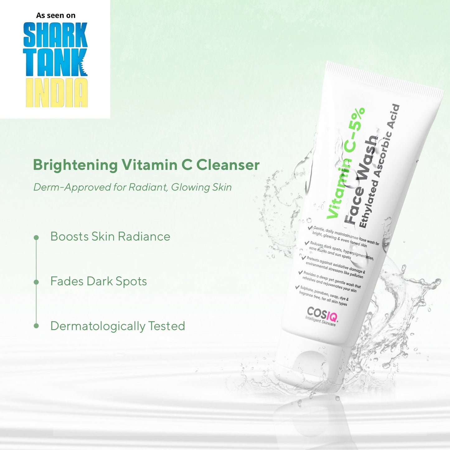 Cos-IQ Vitamin C-5% brightening face wash with a tube and vibrant orange accents, designed for glowing, refreshed skin.