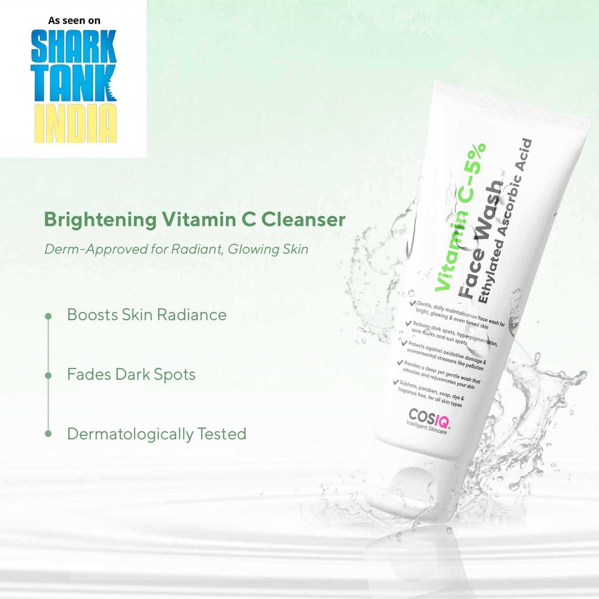Cos-IQ Vitamin C-5% brightening face wash with a tube and vibrant orange accents, designed for glowing, refreshed skin.