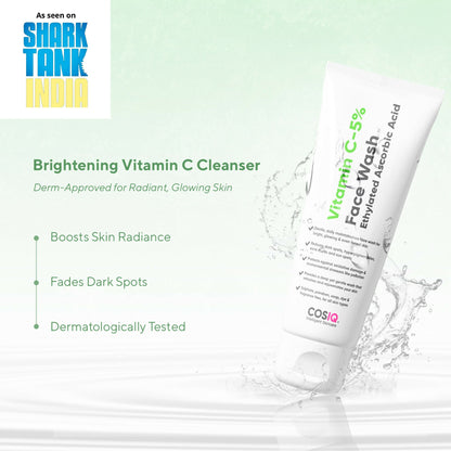 Cos-IQ Vitamin C-5% brightening face wash with a tube and vibrant orange accents, designed for glowing, refreshed skin.