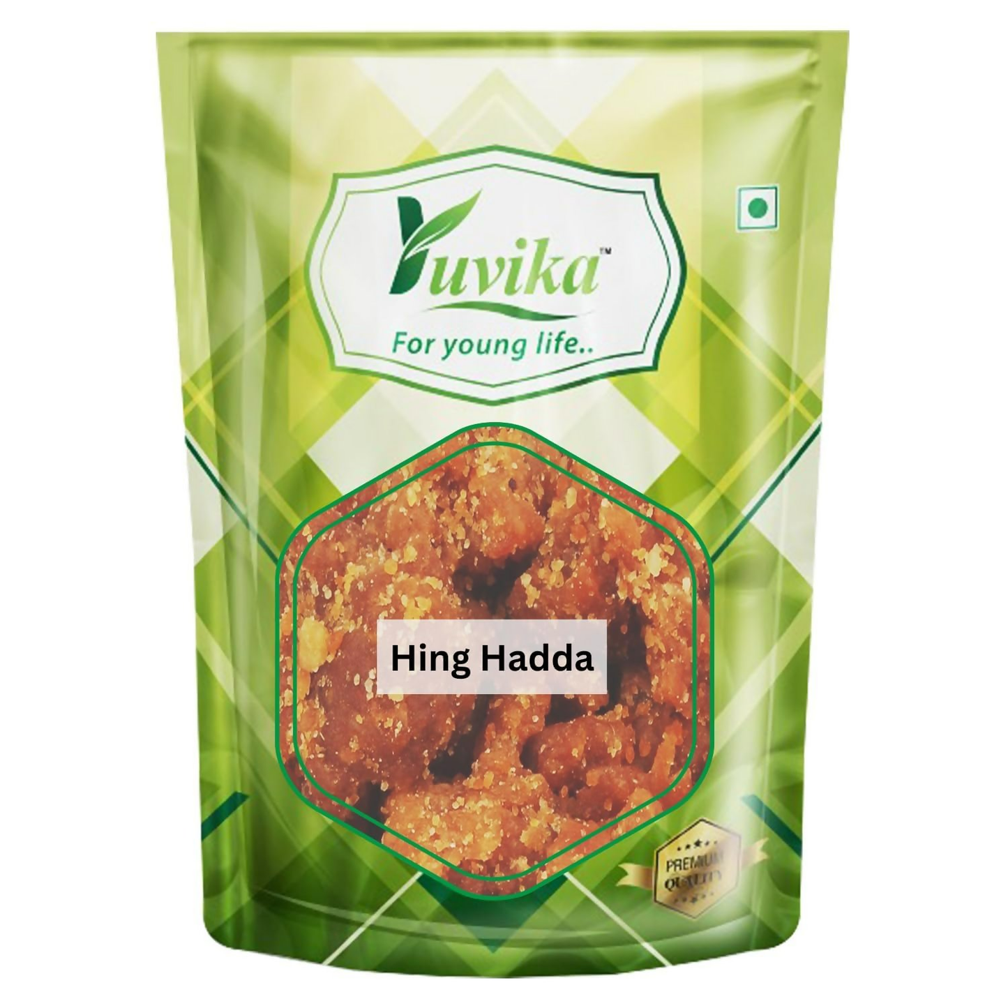Yuvika Hing Hadda Ferula Asafoetida stinking gum for medicinal use, showing the original pure Ayurvedic product in a container.