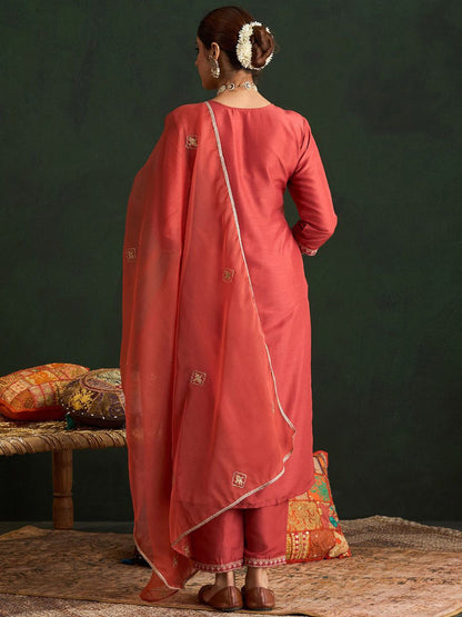 Indyancart IE Ethnic Motifs Embroidered Thread Work Straight Kurta With Trousers & Dupatta
