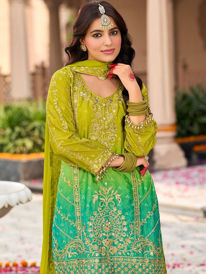 Indyancart IE Women Ombre Embroidered Regular Kurta with Sharara & With Dupatta