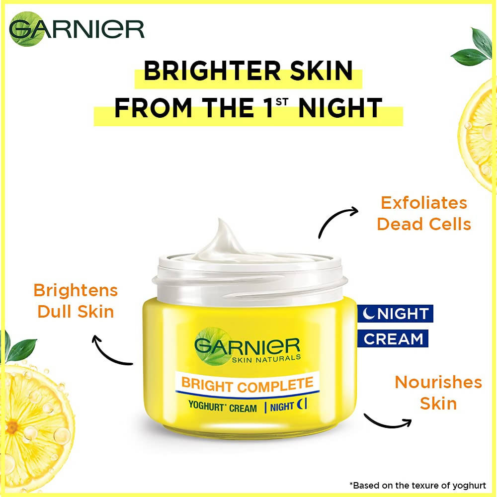 Garnier Bright Complete Vitamin C Yoghurt Night Cream jar with a white lid and label, showcasing the skincare product.