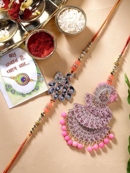 Anouk Unisex Set Of 2 Multicolor Peacock Design Stone & Beaded Bhaiya Bhabhi Rakhi