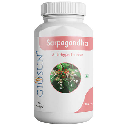 Giosun Sarpagandha 1000mg tablet showing the round, white tablet with Giosun branding on the packaging.